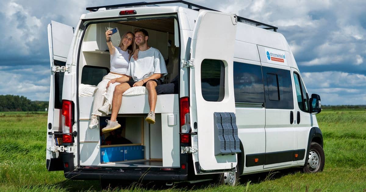 Couple relaxing in front of their RV