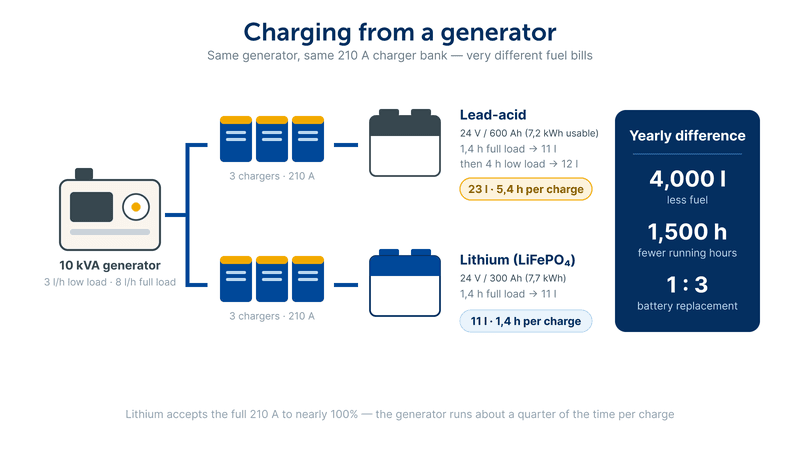 Image explaining the potential savings of a lithium battery vs. a lead-acid battery when charged by a generator